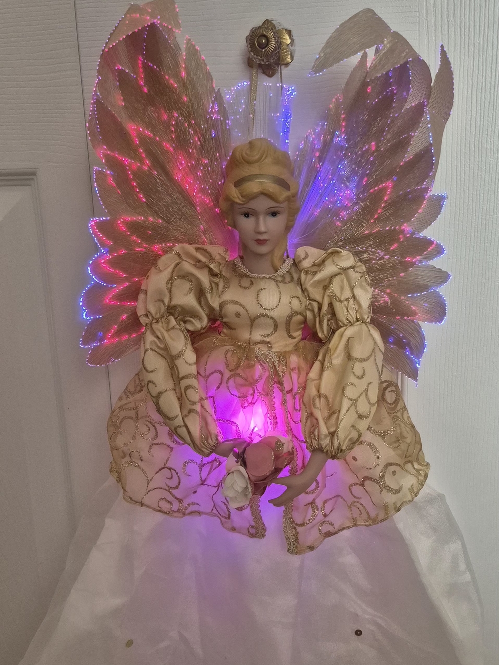 Avon Fiber Optic White,  Gold and Pink Lighted Angel Tree Topper Shelf Decor